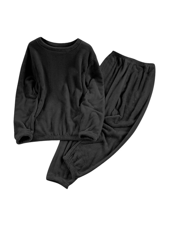 Women Pajama Sets Petite 2 Piece Sherpa Fleece Sleepwear Pj Set High Elastic Crewneck Loungewear Outfits Black,M