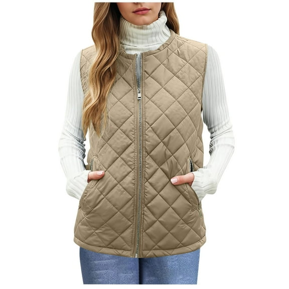 VINUSLI Women Quilted Down Vest - Stand Collar Lightweight Jackets Sleeveless Padded Zip Pockets Gilet Khaki,M
