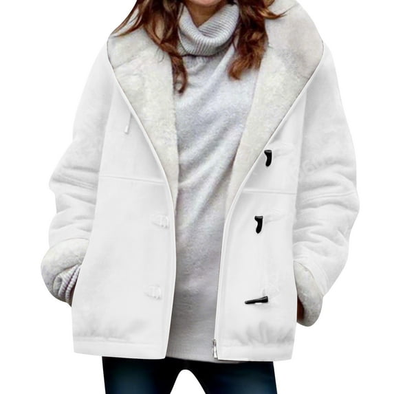 VINUSLI Women Sherpa Jacket Winter Horn Button Faux Suede Hoodie Parka Pea Coats Outerwear Long Sleeve White,M