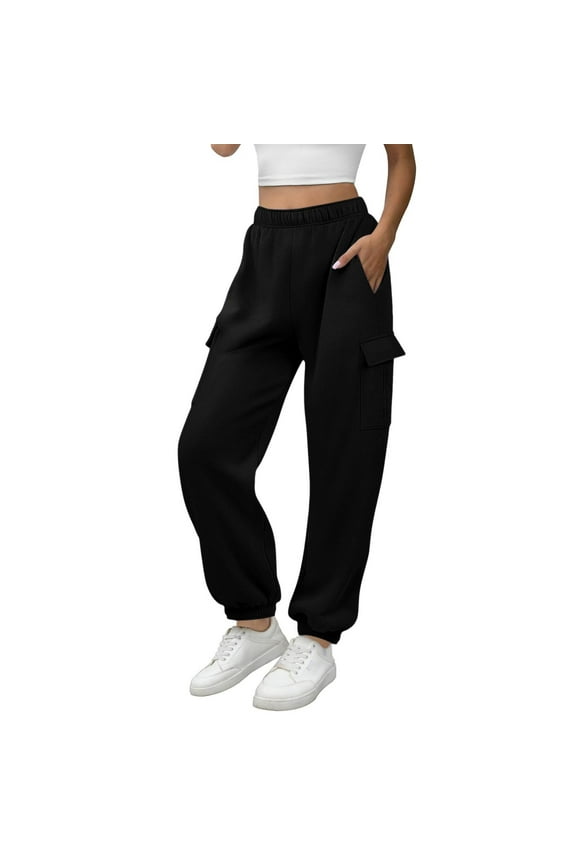 Women Stretch Cargo Pants Elastic Waist Solid Pull On Pant Lightweight Loose Trendy Trousers with Multi Pockets Black,L