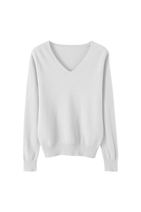 Women Sweaters V Neck Solid Knit Cotton Pullover Sweater Plus Size Lightweight Casual Long Sleeve Soft Jumper Top White,M