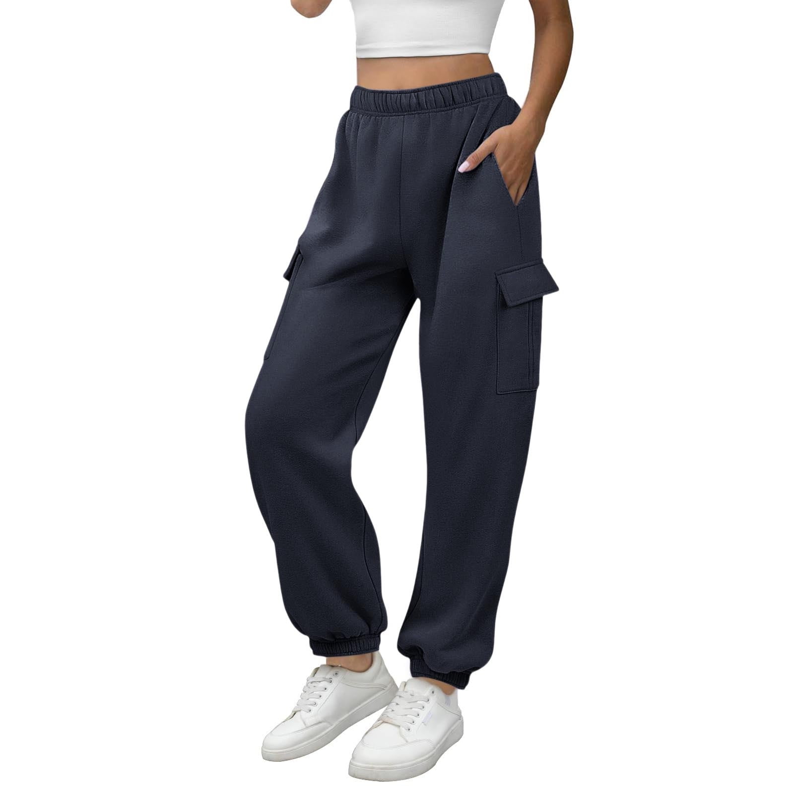 Women Tactical Cargo Pants Elastic Waist Solid Pull On Pant Lightweight Loose Trendy Trousers with Multi Pockets Navy,XL