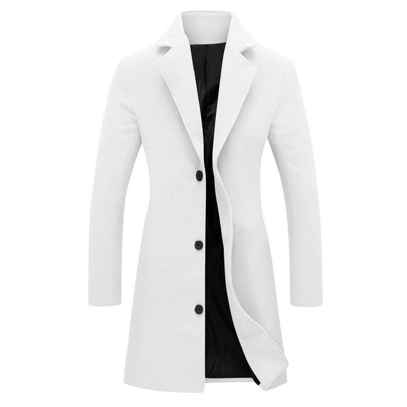 VINUSLI Women Wool Blend Coat Notched Lapel Collar Solid Winter Midi Peacoat Single Breasted Plus Size Long Sleeve Trench Coats White,S