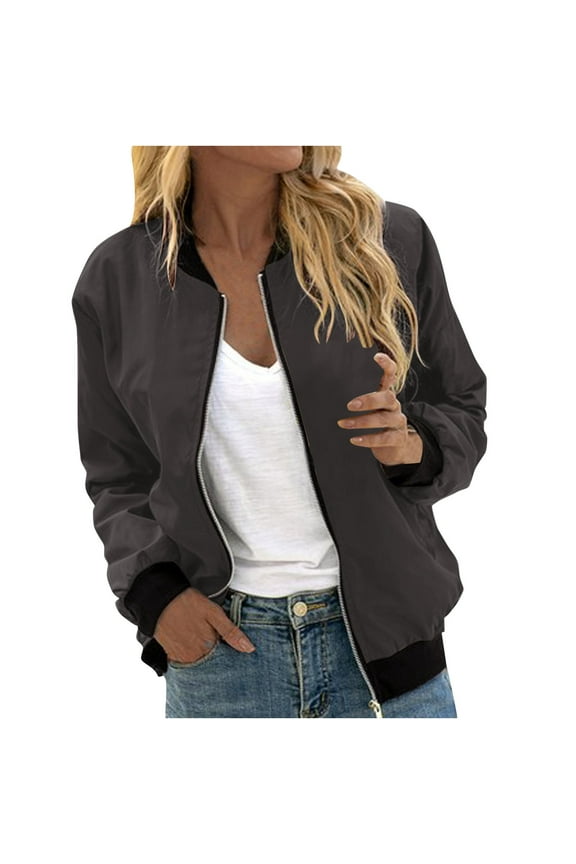 Women Zip Up Bomber Jacket Solid Lightweight Long Sleeve Jackets Fall Outdoor Thin Windbreaker Coat with Pocket 2025 Dark Gray,L