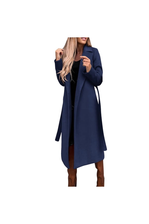 Women's 2025 Wool Blend Trench Elegant Notch Collar Jackets Mid Long Warm Pea Coats Dressy Casual Double Breasted Overcoat with Pockets Navy,S
