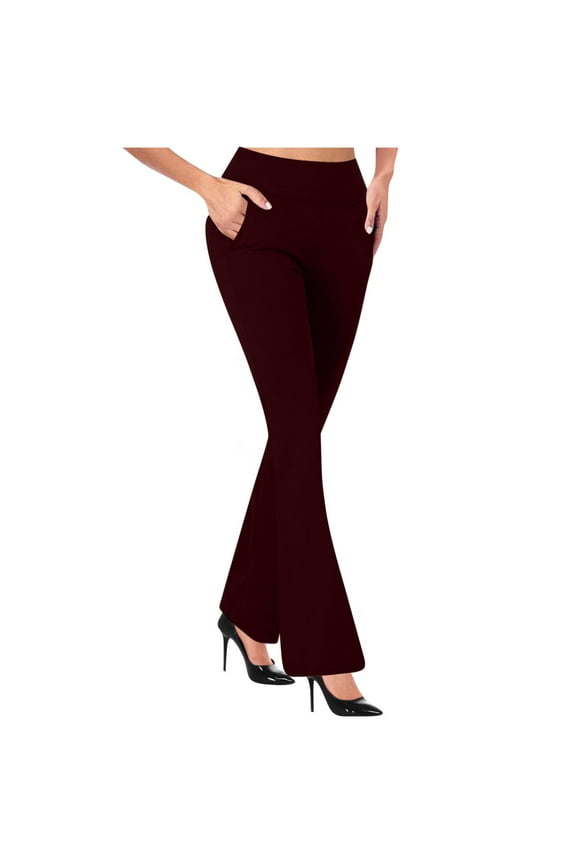 Women’s Business Casual Pants High Waist Stretchy Work Flare Pant Tummy Control Trendy Pull On Office Slacks Bottom Trousers Wine,XL