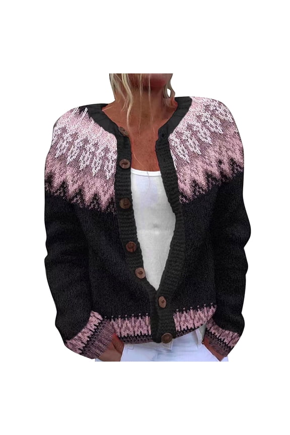 Women's Cable Knit Long Sleeve Cardigan Retro Ethnic Plus Size Button Down Fair Isle Open Front Sweaters Cardigans Coats Pink,XXL