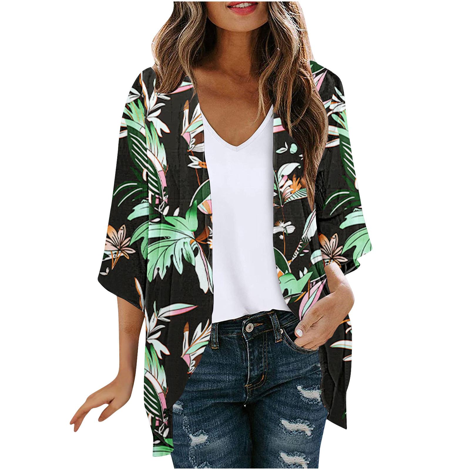 Cardigan floreale da donna Coverups Bohemian Kimono Loose Cover Up Top Beach Costume da bagno a sbuffo Camicetta femminile Chiffon Estate, Un Floreale Nero-2, S