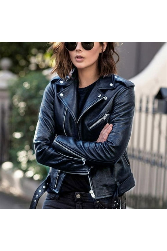Women's Faux Leather Belted Motorcycle Jacket Plus Size Spring Fall Moto Biker Coat Long Sleeve Zip Up Coats 2024 Black,M