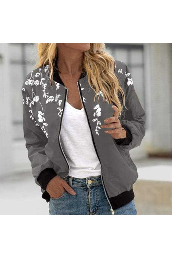 Women's Floral Bomber Jacket Jackets for Women 2024 Full Zip Bomber Jacket Lightweight Fall Winter Coats Long Sleeve Oversized Windbreaker Gray,L