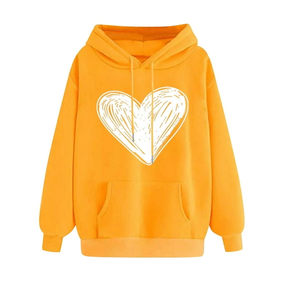 VINUSLI Women's Hoodies with Design Heart Valentine Pullover Sweatshirt Drawstring Y2K Top with Pocket Yellow,XXL