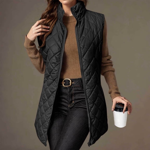VINUSLI Women's Lightweight Down Vests 2024 Clearance Sale Sleeveless Mid Length Puffer Jacket Winter Warm Packable Vests Warm Outwear Black,XXL