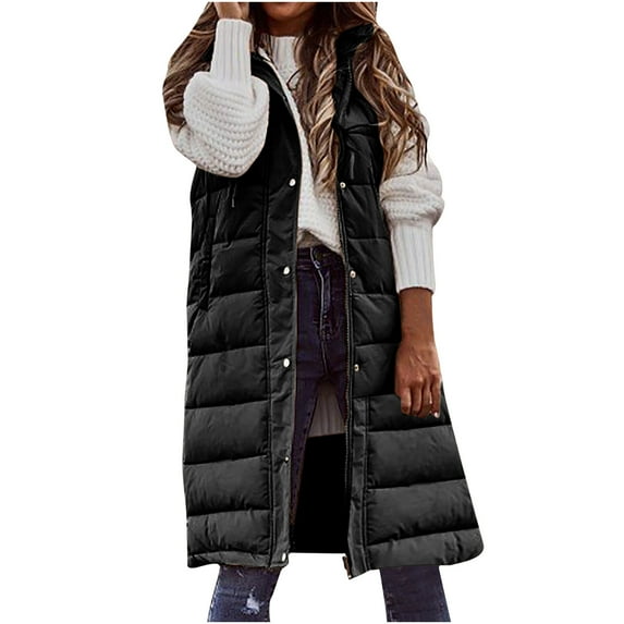 VINUSLI Women's Long Puffer Vest Sleveless Zip Up Hooded Jacket Plus Size Thickened Warm Coats Outdoor Quilted Windbreakers 2025 Black,L