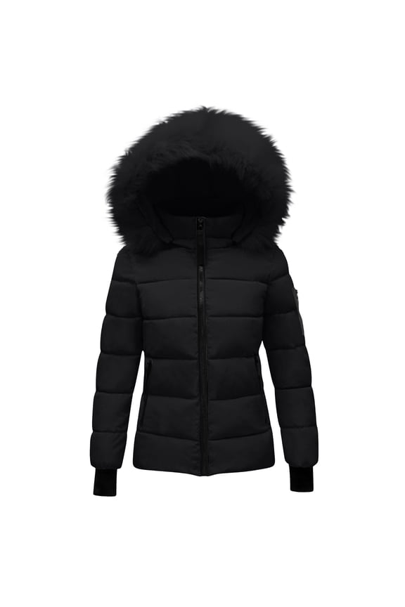 Women's Puffer Coat with Hood Quilted Thicken Warm Ski Down Jackets Faux Fur Trim Zip Up Waterproof Outdoor Comfy Coats Black,M