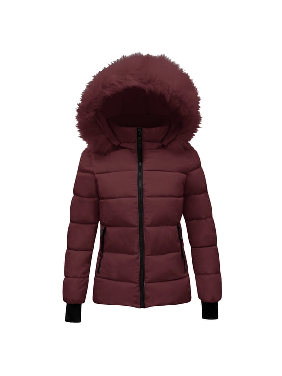 Women's Puffer Jacket with Hood Quilted Thicken Warm Ski Down Jackets Faux Fur Trim Zip Up Waterproof Outdoor Comfy Coats Wine,L
