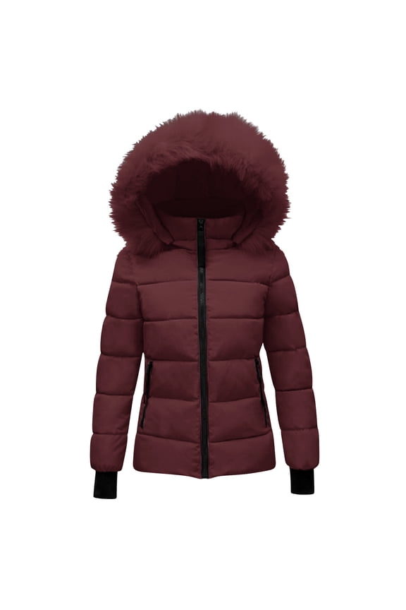 Women's Puffer Jacket with Hood Quilted Thicken Warm Ski Down Jackets Faux Fur Trim Zip Up Waterproof Outdoor Comfy Coats Wine,L