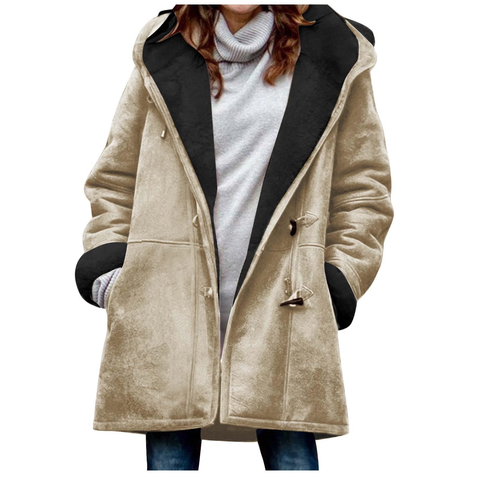VINUSLI Women's Suede Thick Mid-Length Padded Coat Plus Size 2025 Winter Horn Button & Zip Jacket Fleece Lined Warm Hooded Outwear Beige,XXXXXL
