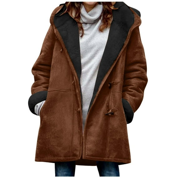 VINUSLI Women's Suede Thick Mid-Length Padded Coat Plus Size 2025 Winter Horn Button & Zip Jacket Fleece Lined Warm Hooded Outwear Coffee,XL