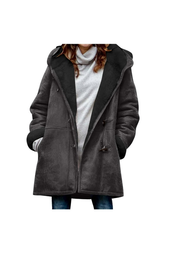 Women's Suede Thick Mid-Length Padded Coat Plus Size 2025 Winter Horn Button & Zip Jacket Fleece Lined Warm Hooded Outwear Dark Gray,XXXL