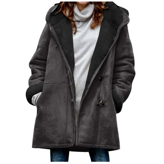 VINUSLI Women's Suede Thick Mid-Length Padded Coat Plus Size 2025 Winter Horn Button & Zip Jacket Fleece Lined Warm Hooded Outwear Dark Gray,XXXL