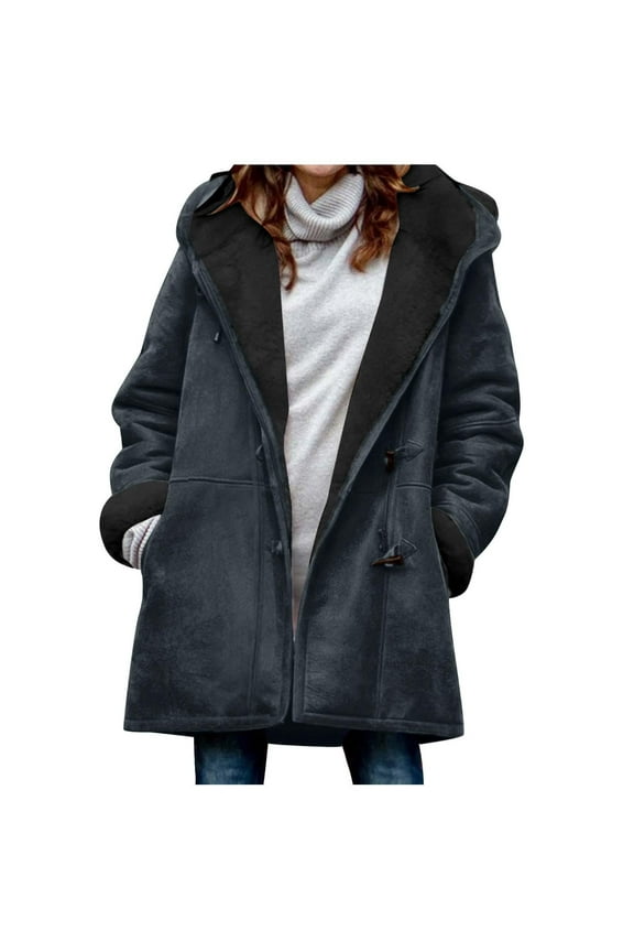 Women's Suede Thick Mid-Length Padded Coat Plus Size 2025 Winter Horn Button & Zip Jacket Fleece Lined Warm Hooded Outwear Navy,M
