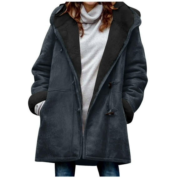 VINUSLI Women's Suede Thick Mid-Length Padded Coat Plus Size 2025 Winter Horn Button & Zip Jacket Fleece Lined Warm Hooded Outwear Navy,XXL
