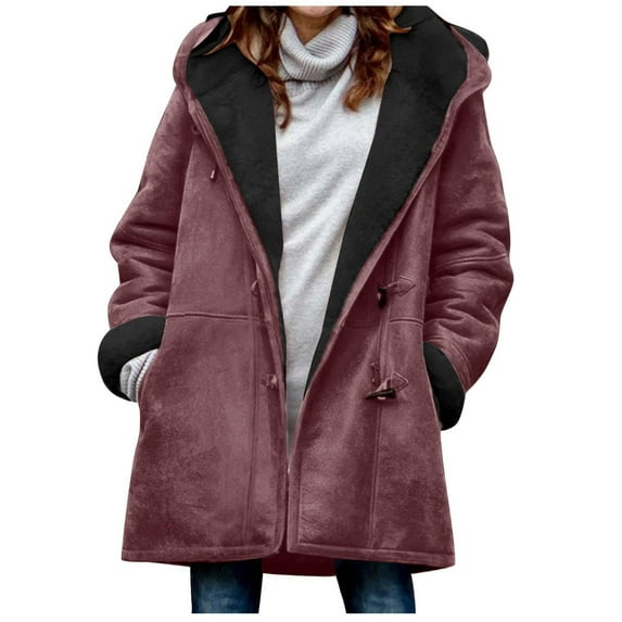 VINUSLI Women's Suede Thick Mid-Length Padded Coat Plus Size 2025 Winter Horn Button & Zip Jacket Fleece Lined Warm Hooded Outwear Red,XXXL