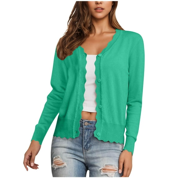 VINUSLI Women's Sweaters And Cardigans - Button Down Ruffle Trim Cropped Knit Cardigans Open Front Long Sleeve Shrugs Sweater Mint Green,XXL