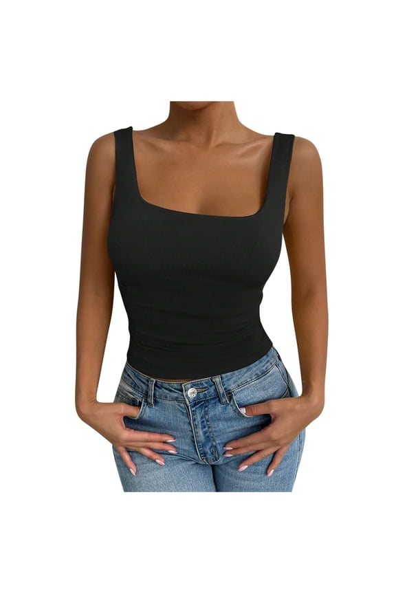 Women's Tunic Tank Tops Square Neck Double Lined Vests Sleeveless Summer Going Out Halter Tees 2026 Black,S