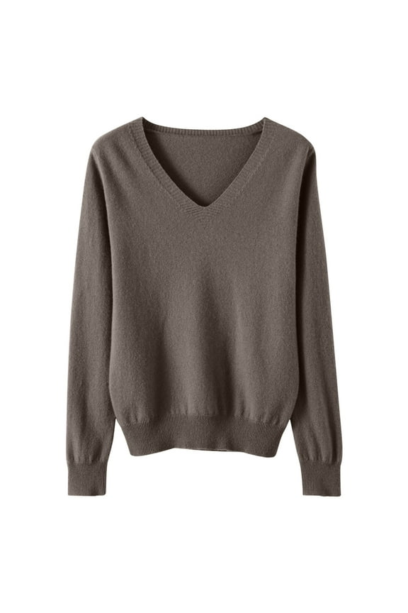 Women's V Neck Sweaters Long Sleeve Winter Fashion Knit Cotton Pullover Sweater Solid Color Fall Dressy Casual Elegant Tops Coffee,L
