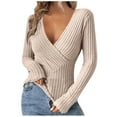 thumbnail image 1 of VINUSLI Women's V-Neck Sweatshirts Long Sleeve Shirts Ribbed Knit Slim Fit Sweaters Pullover 2025 Fall Casual Work Tunic Tops Beige,S, 1 of 5