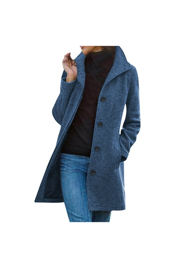 Women's Winter Wool Blend Pea Coat Single Breasted Stand Collar Casual Trench Coat Overcoat for Women Elegant Business Blazer Jacket 2025 Blue,XL