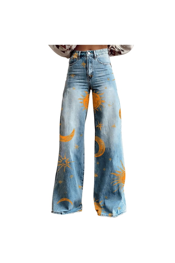Womens Bell Bottoms Jeans High Waisted Wide Leg Denim Pants Plus Size Boho Vintage Print Trousers Gold,XXL