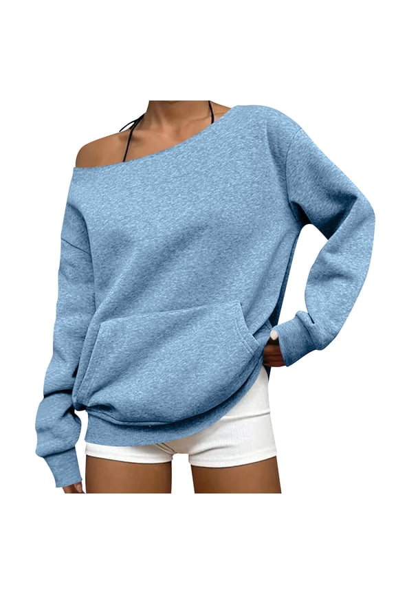 Womens Blouses Off Shoulder Fall Slouchy Oversized Pullover Sweatshirt Y2K Trendy Casual Long Sleeve Streetwear Tops with Pocket Blue,XL