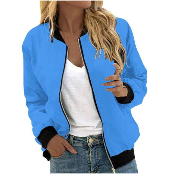 VINUSLI Womens Bomber Jacket 2025 Long Sleeve Lightweight Zip Up Coat Fall Basic Solid Color Windbreaker Outerwear with Pockets Blue,L