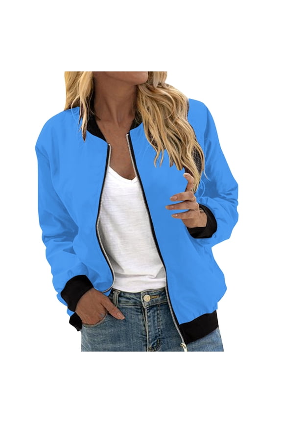 Womens Bomber Jacket 2025 Long Sleeve Lightweight Zip Up Coat Fall Basic Solid Color Windbreaker Outerwear with Pockets Blue,M