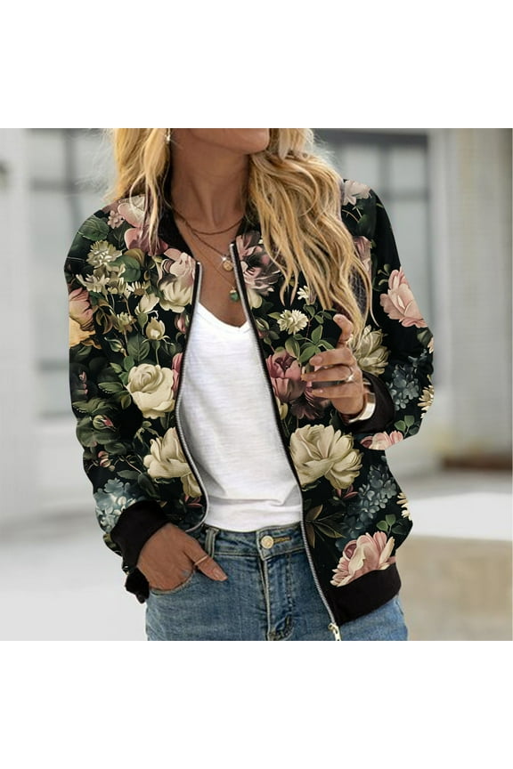 Womens Casual Floral Zip Up Bomber Jacket for Women 2024 Casual Lightweight Graphic Jackets Women Dressy Trendy Zip Up Coat Outwear with Pockets Black,S