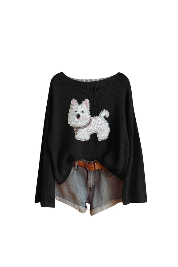 Womens Christmas Ugly Sweaters 2025 Trendy Winter Cute Dog Long Sleeve Xmas Sweatshirts Crewneck Knitted Pullover Fall Loose Fit Tops Black,XXL