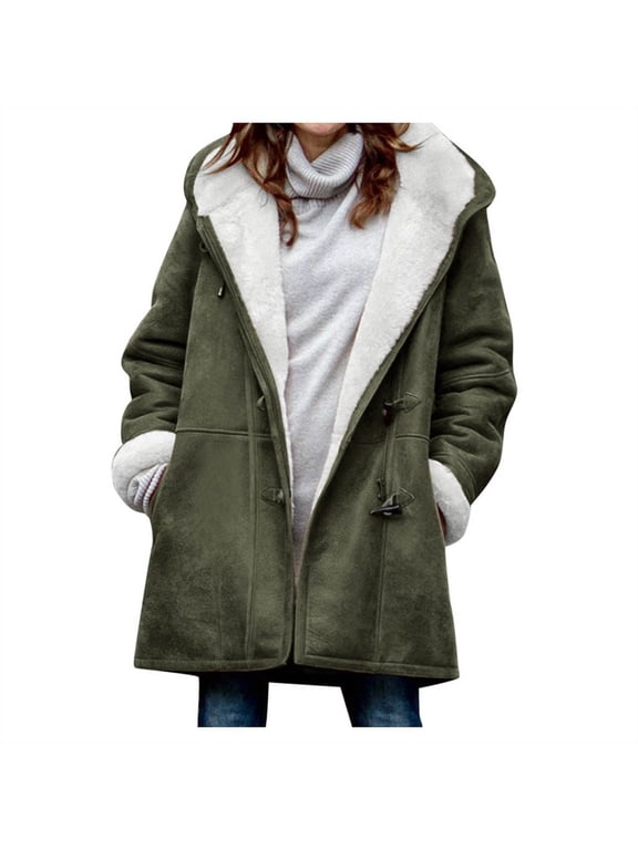 Womens Faux Suede Bomber Jacket Horn Button Quilted Hooded Jackets Sherpa Fleece Outerwear Parka Coats Army Green,L