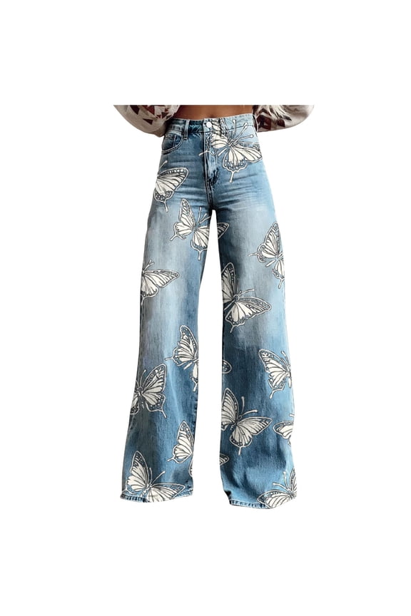 Womens Flare Leg Jeans Plus Size Wide Leg Denim Pants High Waisted Boho Vintage Print Trousers White,XXXL