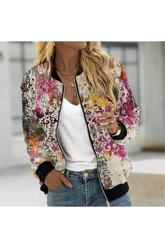 Womens Floral Printed Bomber Jacket,Women's Bomber Jacket Casual Zip Up Fall Coat Long Sleeve Windbreaker Lightweight Loose Fall Jackets with Pockets Multicolor,S