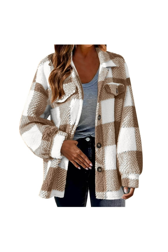 Womens Fuzzy Fleece Plaid Shacket Jackets for Women Buffalo Plaid Flannel Sherpa Lined Coat Button Down Plush Shackets 2025 Brown,XXXXL