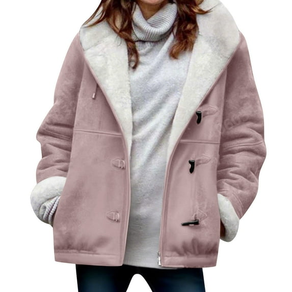 VINUSLI Womens Hooded Sherpa Jacket Winter Horn Button Faux Suede Long Sleeve Parka Outerwear Pea Coats Hoodie Pink,L