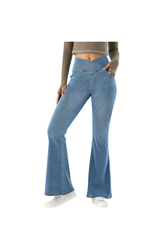 Womens Leggings Bell Bottom High Waisted Stretchy Flare Jeans V Cross Pull On Plus Size Yoga Pants with Pocket Light Blue,XL