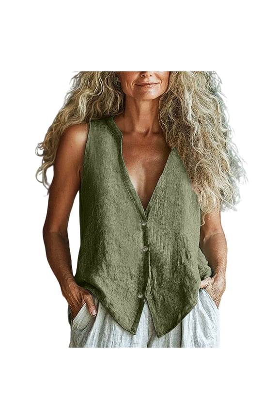Womens Linen Sleeveless Tops Lightweight Button Down Vest Fully Lined Deep V Neck Casual Waistcoat Tees Army Green,XXL