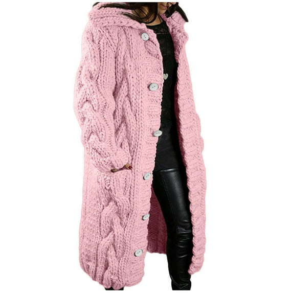 VINUSLI Womens Long Cardigan Open Front Duster Sweater Long Sleeve Chunky Cable Knit Plus Size Hooded Coatigan for Women 2025 Pink,XXL