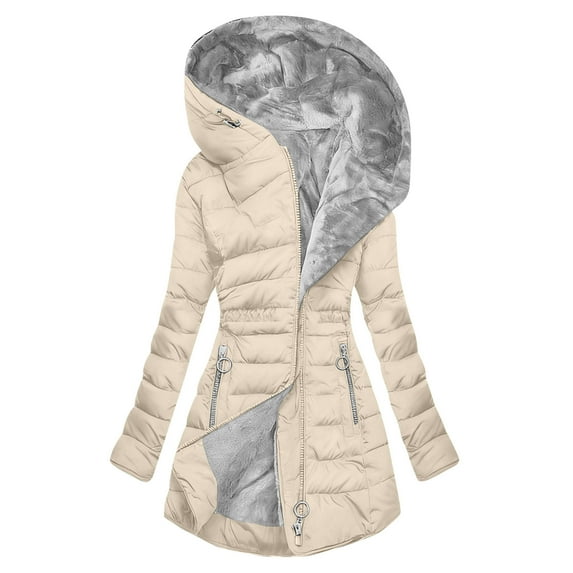 VINUSLI Womens Long Down Puffer Jacket Quilted Hooded Thick Jackets Warm Parka Coats Fleece Lined Zip Up Beige,S