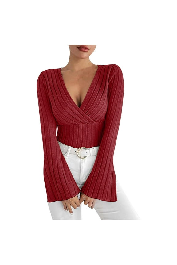 Womens Long Sleeve Winter Tops Bell Sleeve Ribbed Knit Tee Shirts Pullover Wrap Deep V Neck Fall Dressy Lettuce Trim Blouses Wine,XL