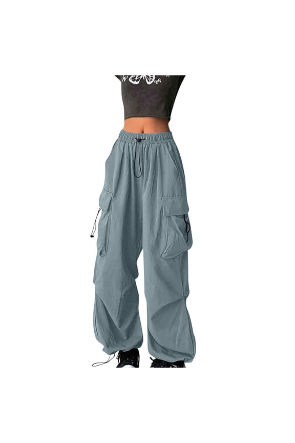 Womens Pants Cargo High Waist Drawstring Baggy Solid Parachute Trousers Plus Size Y2K Streetwear Pant with Multi Pockets Sky Blue,L
