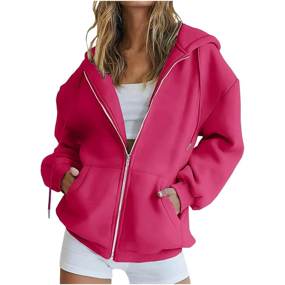 VINUSLI Womens Plus Size Hoodie - Full Zip Casual Drawstring Hoodies with Pocket Long Sleeve Outerwear Y2k Jackets Hot Pink,L
